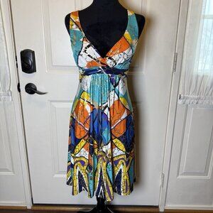 VTG Miss California Sleeveless Dress Multicolor with Shiny Gold Sz M Made In USA